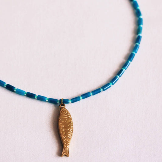Beaded necklace of tubes with fish - blue/light green