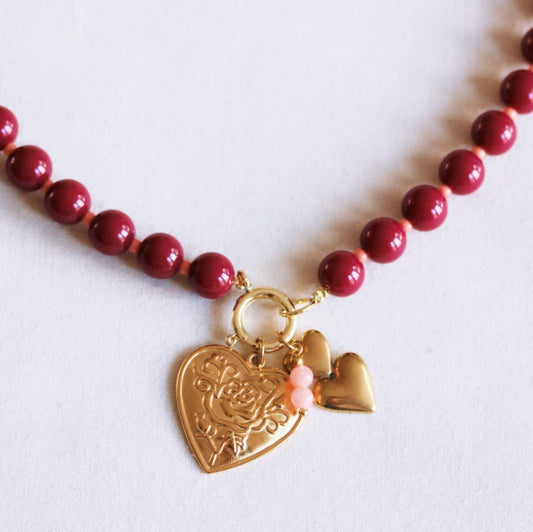 Beaded necklace with Miyukibeads with charms-burgundy/salmon