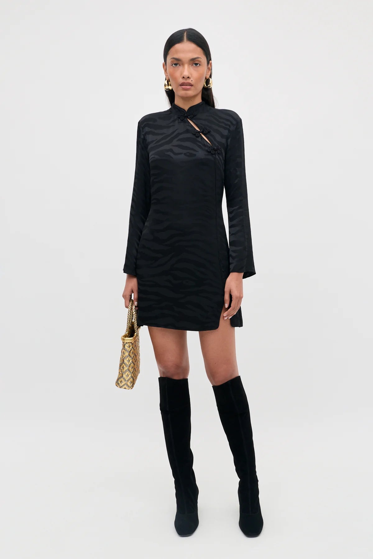 RIXO BROOKLYN JACQUARD MINI DRESS - Black satin