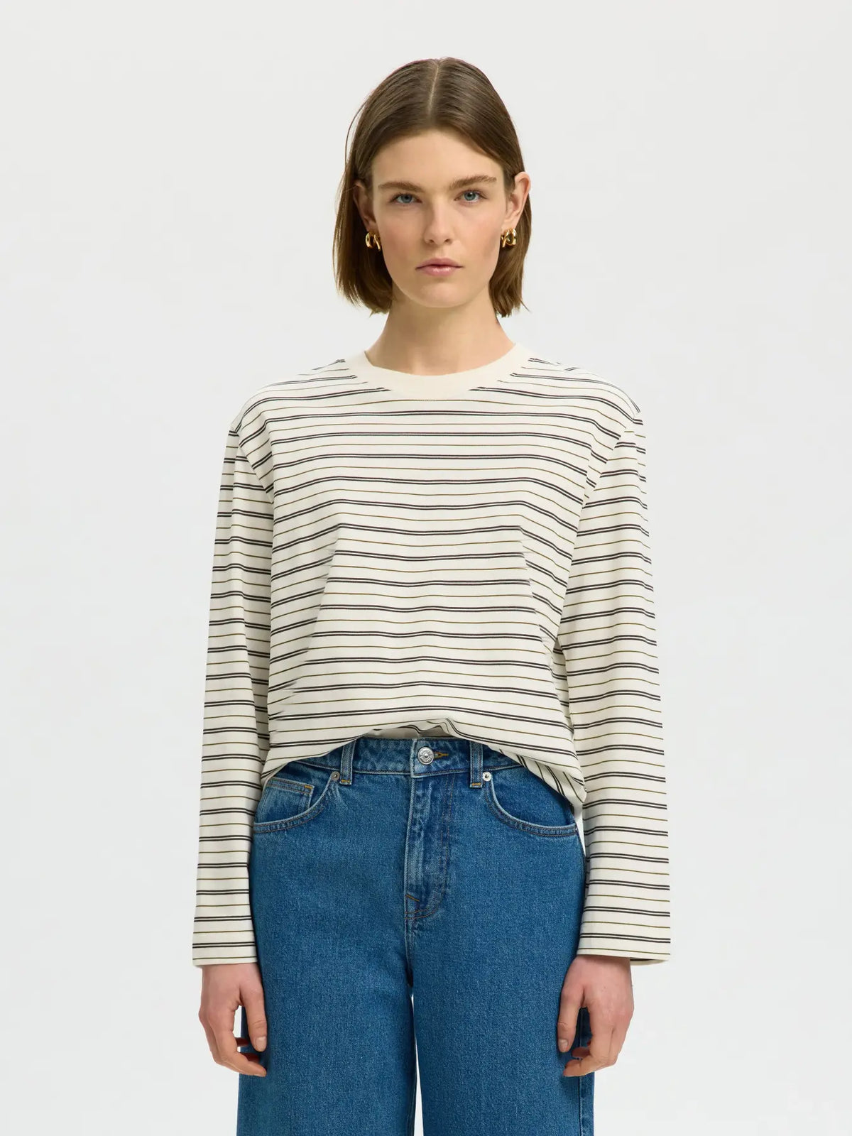 STRIPED BOXY LONG SLEEVE TEE - Brown / Green Stripe