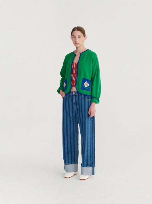 STRIPED WIDE-LEG DENIM TROUSERS