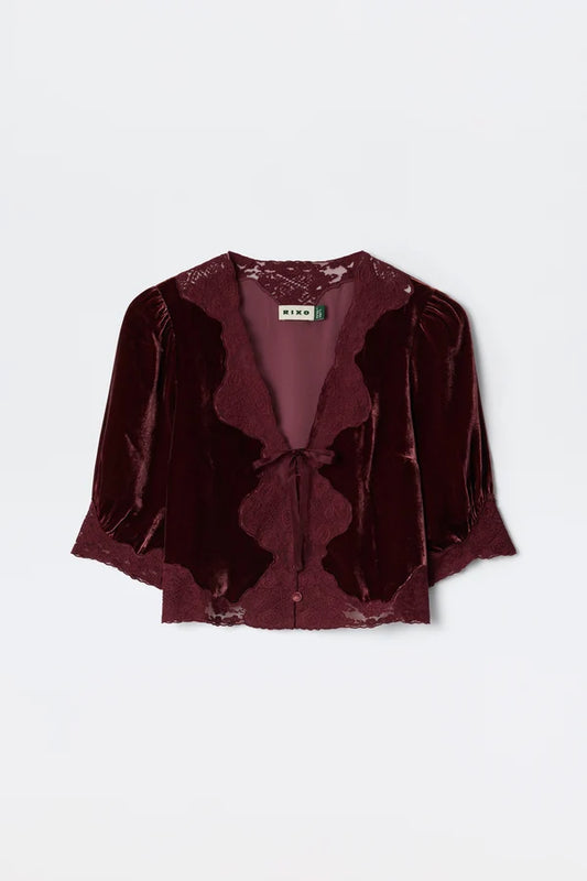 RIXO URSULA SILK-VELVET TOP - Bordeaux