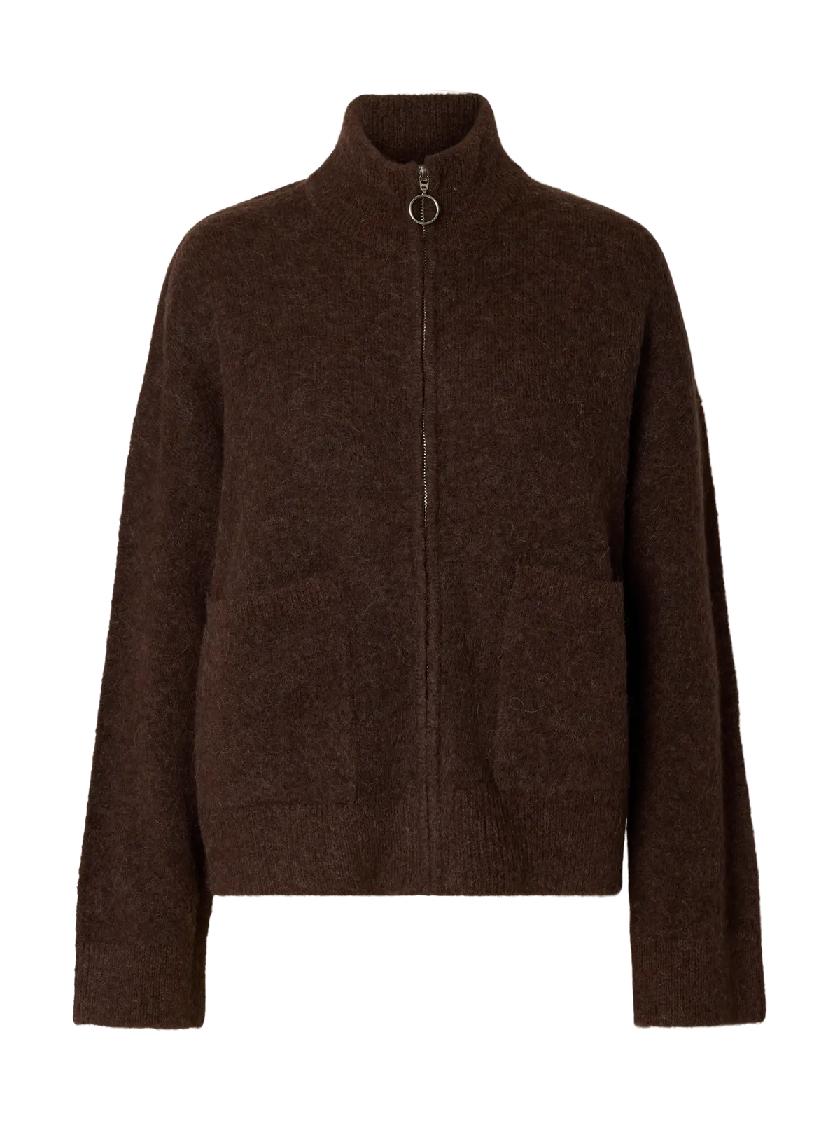SELECTED KNIT ZIPPER CARDIGAN - Chocolate