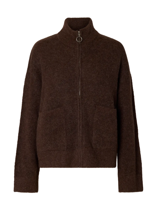 SELECTED KNIT ZIPPER CARDIGAN - Chocolate