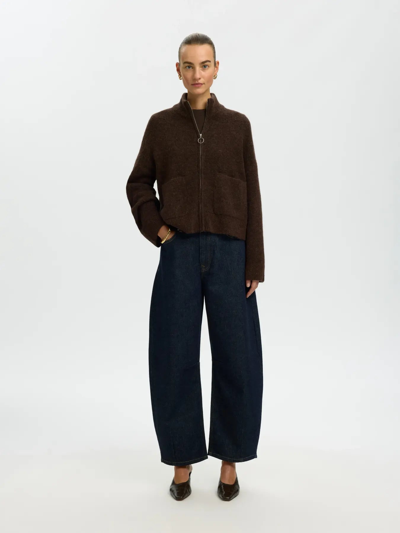 SELECTED KNIT ZIPPER CARDIGAN - Chocolate