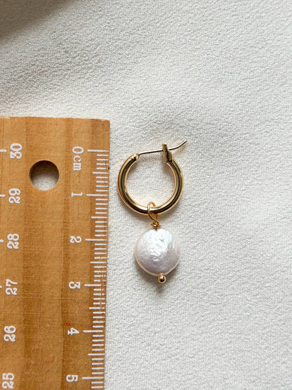 18k Gold Coin Pearl Hoop Earrings