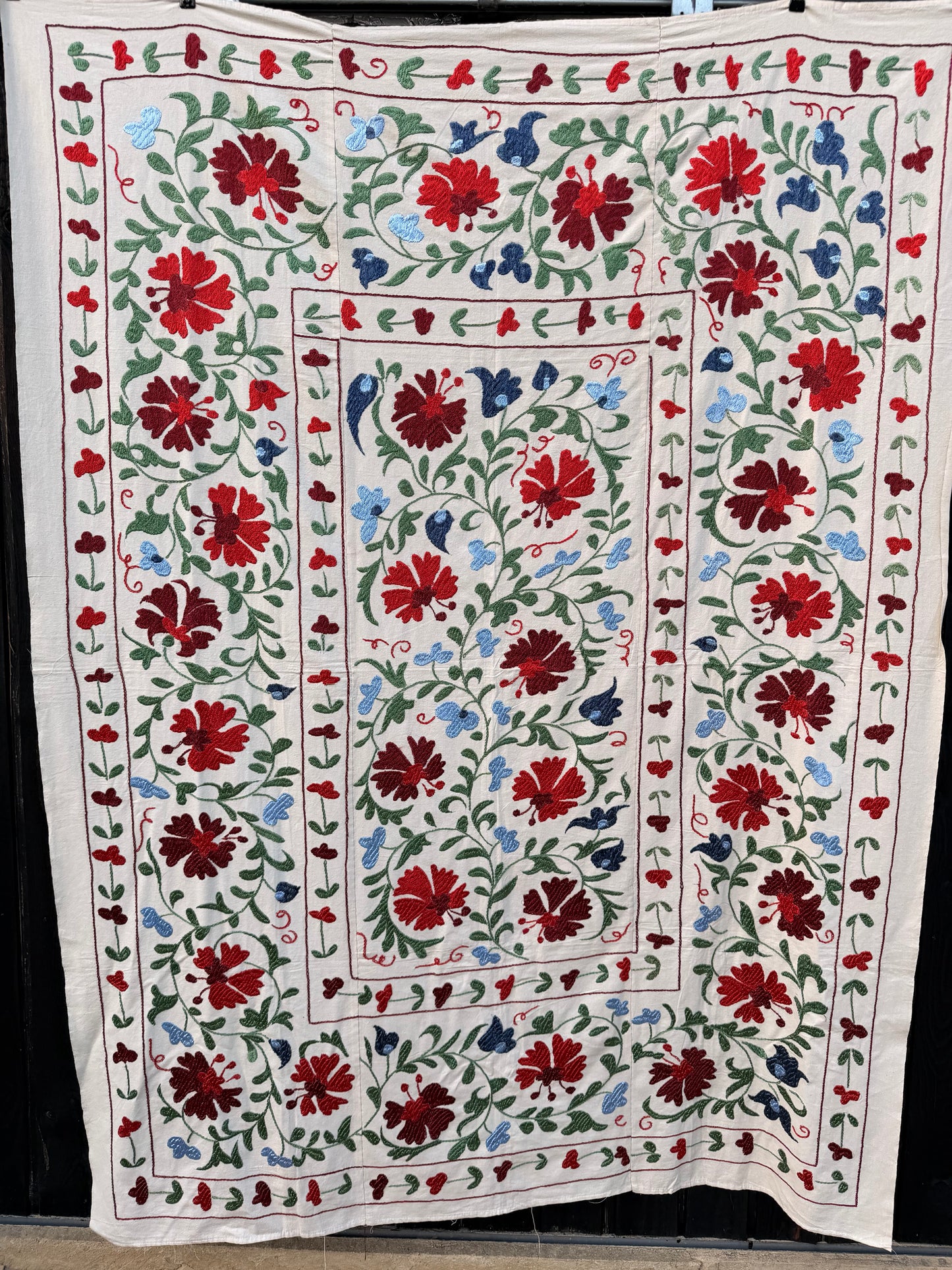 HAND EMBROIDERED SUZANI - Red, Green & Blue Floral