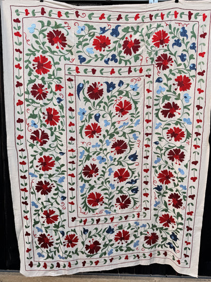 HAND EMBROIDERED SUZANI - Red, Green & Blue Floral