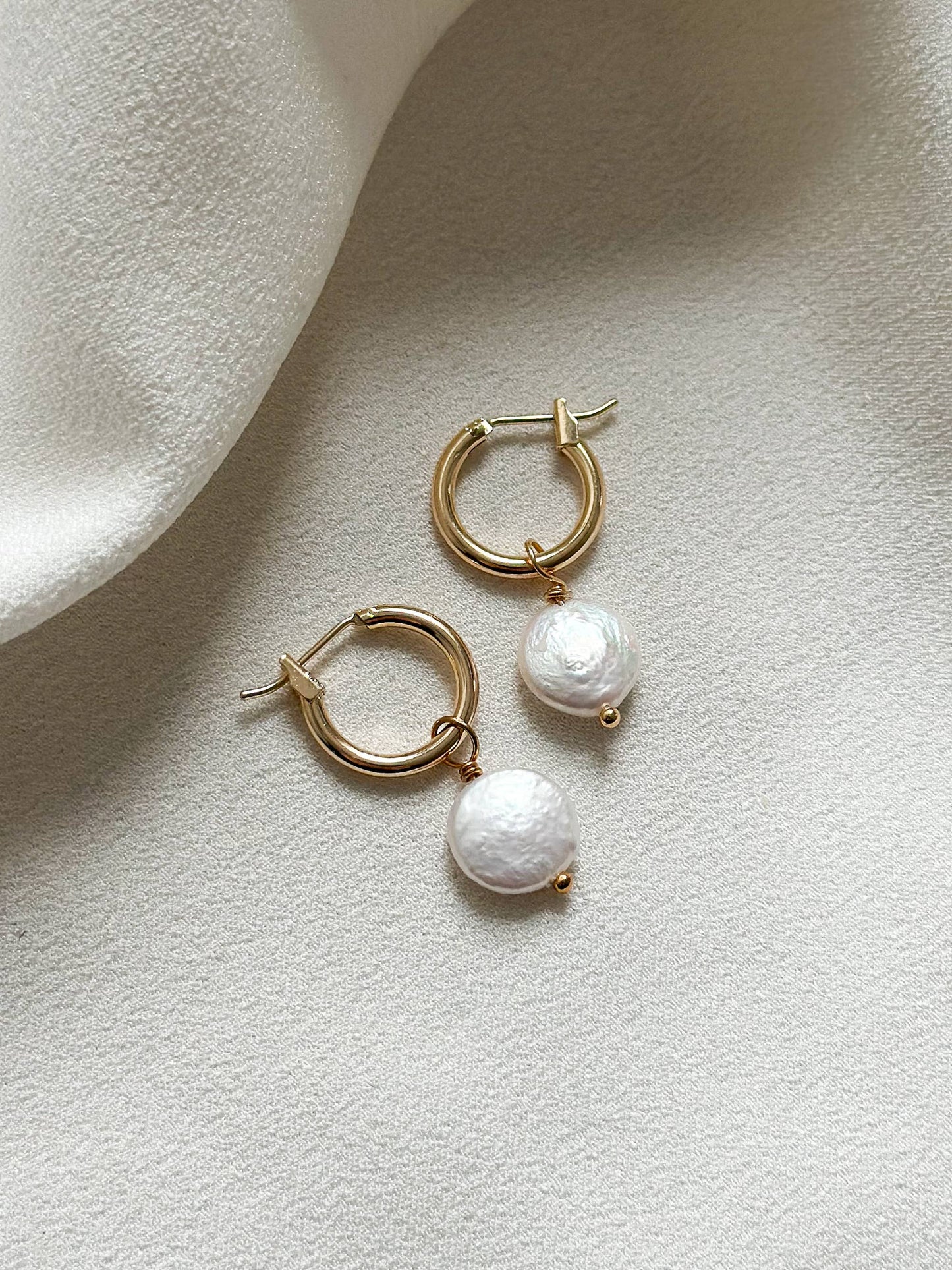 18k Gold Coin Pearl Hoop Earrings