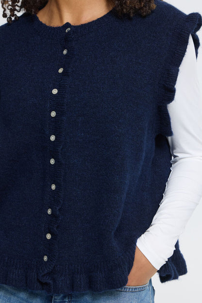 RUFFLE TRIM KNITTED VEST - Navy