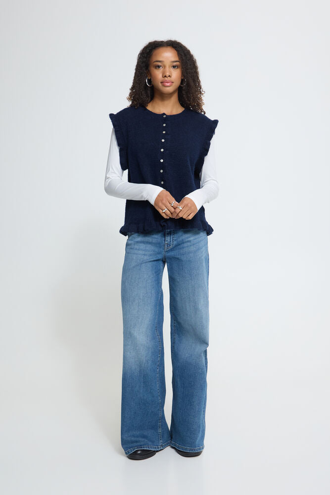 RUFFLE TRIM KNITTED VEST - Navy