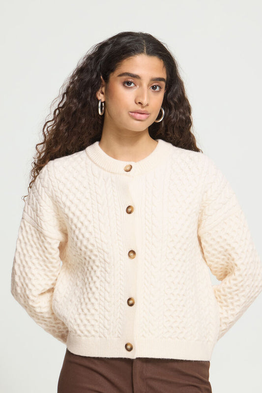 ICHI CABLE KNIT CARDIGAN - Cream Birch