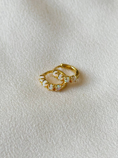 18k Gold Opal Encrusted Huggie Hoop Earrings