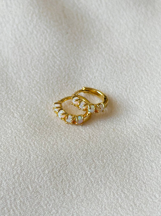 18k Gold Opal Encrusted Huggie Hoop Earrings