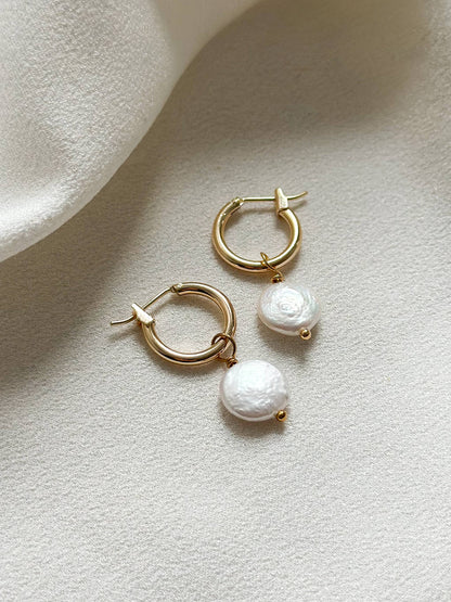 18k Gold Coin Pearl Hoop Earrings