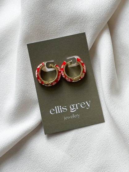 18k Gold Plated Floral Enamel Hoop Earrings - Red
