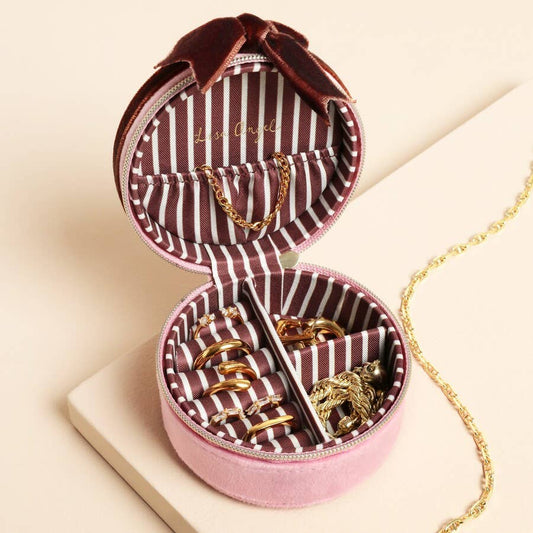 Pink and Burgundy Velvet Bow Mini Round Jewellery Case