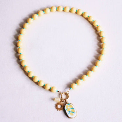 Bazou Yellow & Mint Charm Beaded Necklace