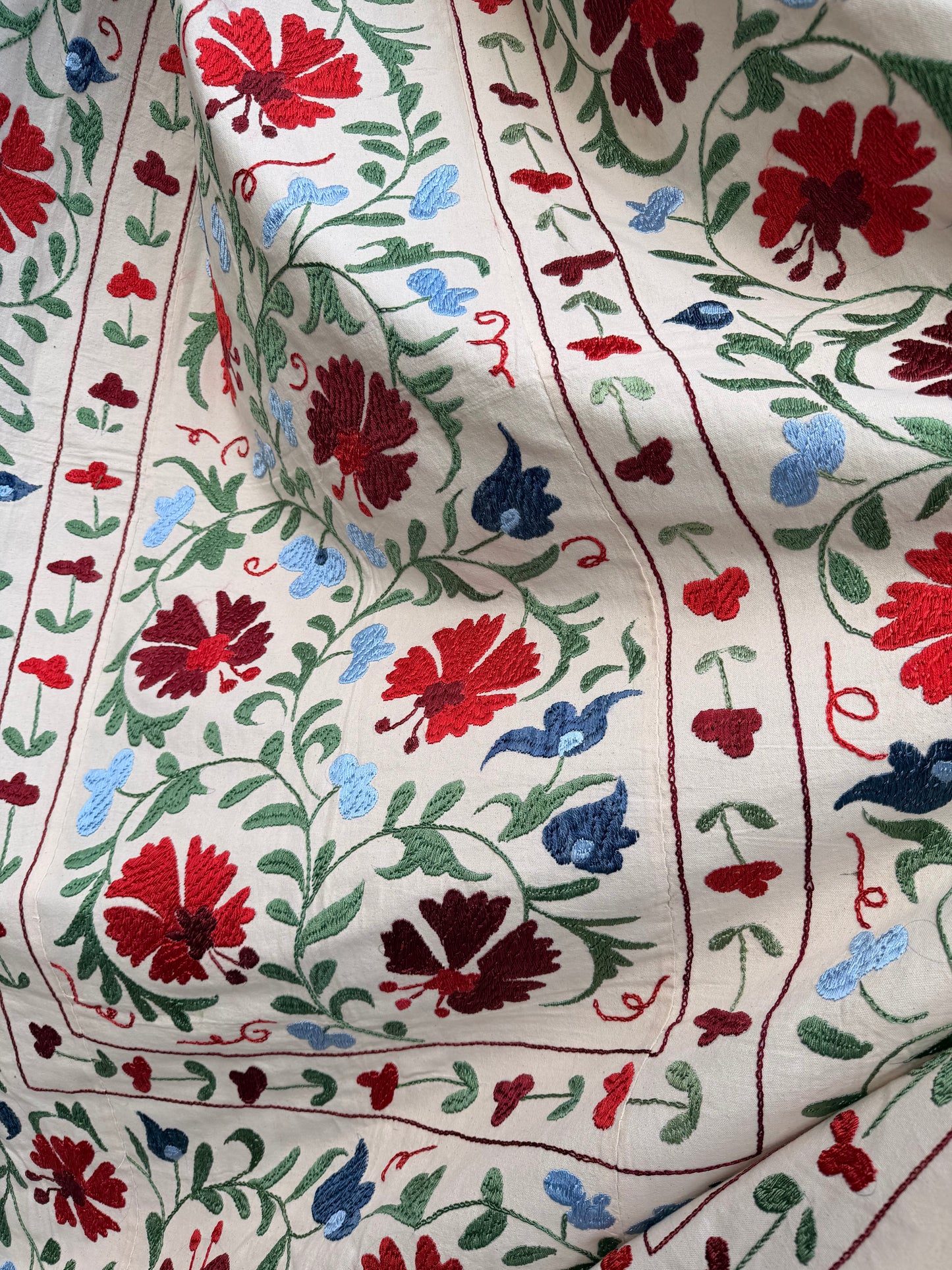 HAND EMBROIDERED SUZANI - Red, Green & Blue Floral