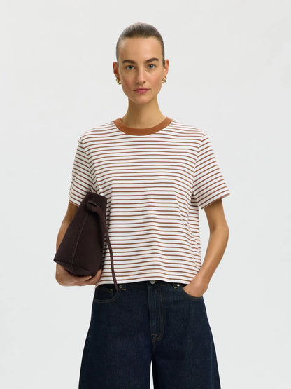 SELECTED STRIPED BOXY TEE - Caramel stripe
