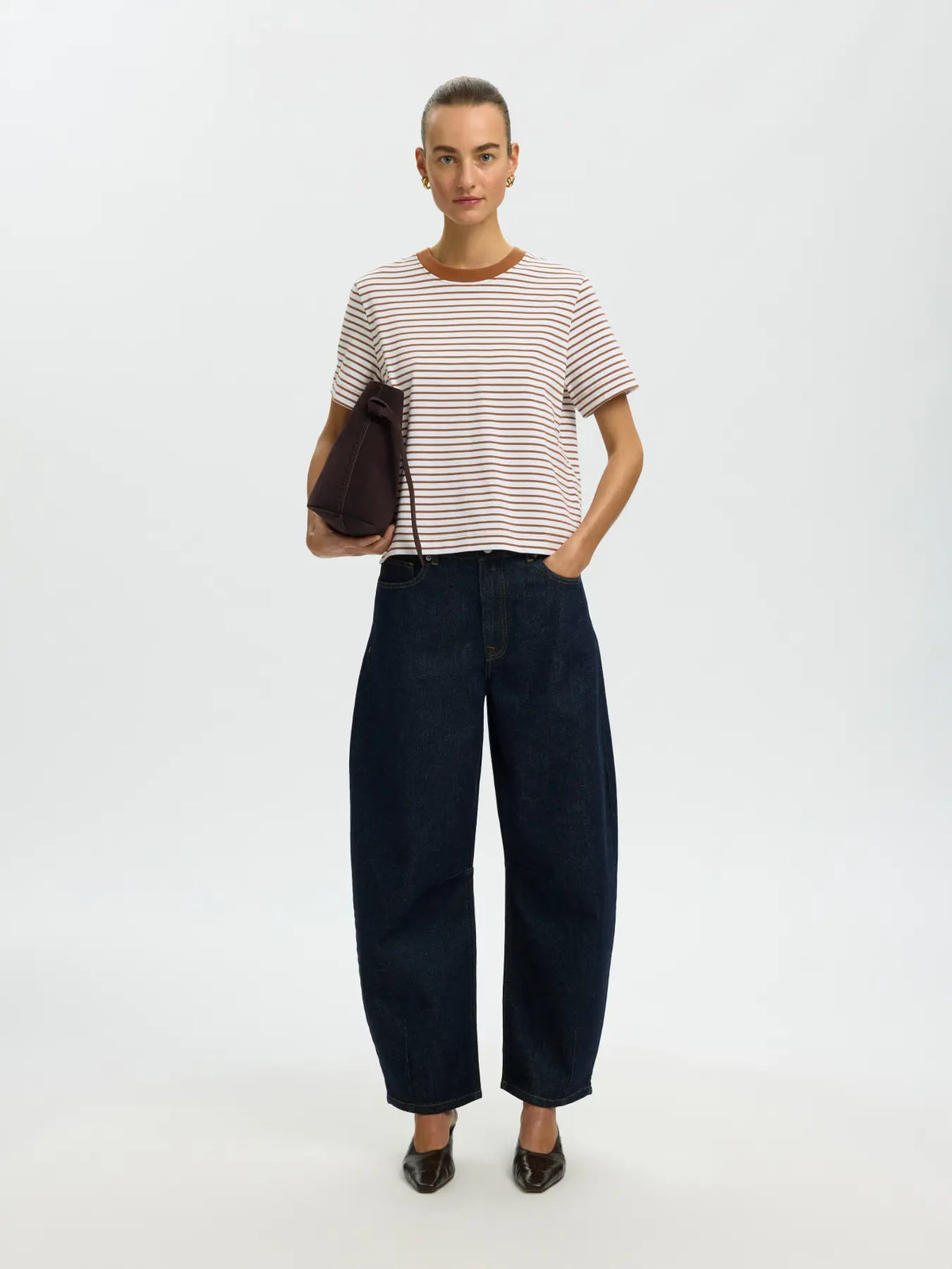 SELECTED STRIPED BOXY TEE - Caramel stripe