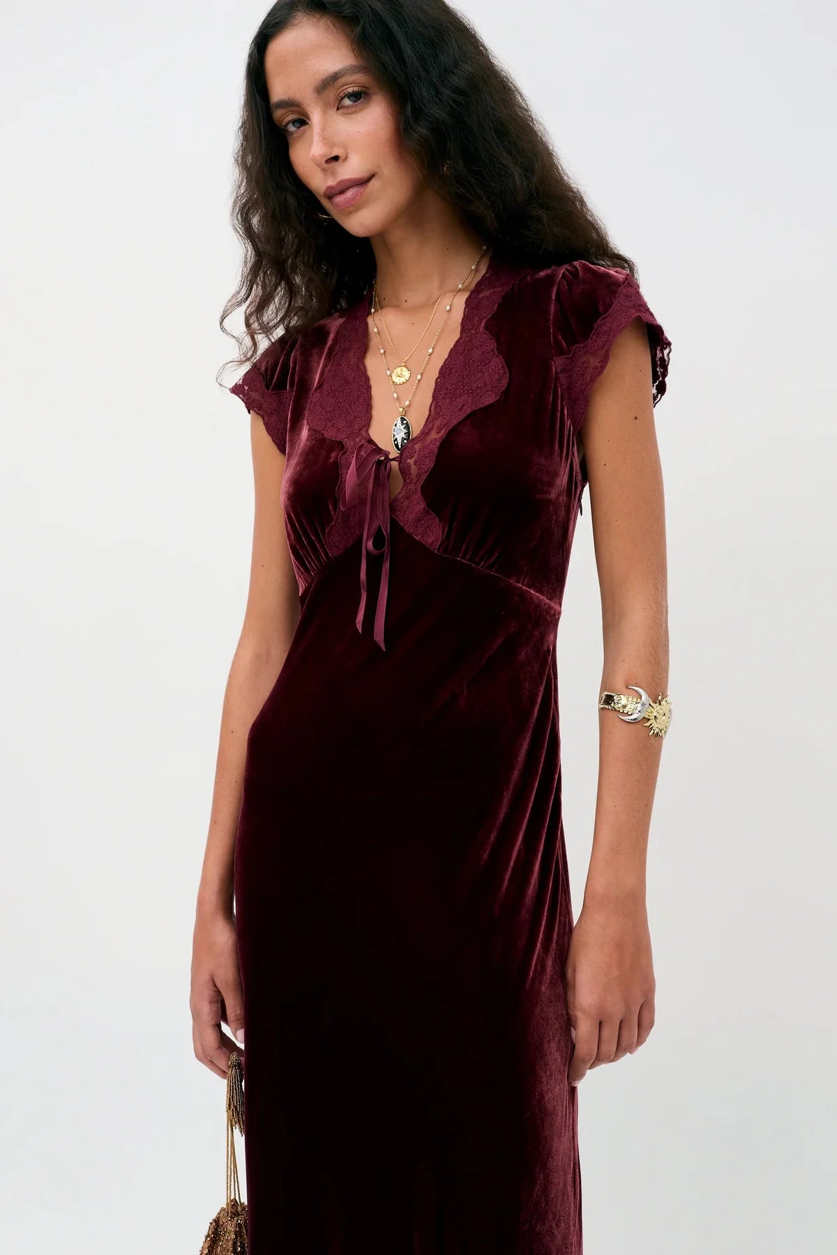 RIXO AMARI SILK VELVET DRESS - Bordeaux