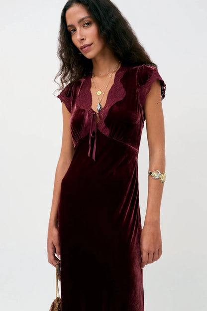 RIXO AMARI SILK VELVET DRESS - Bordeaux