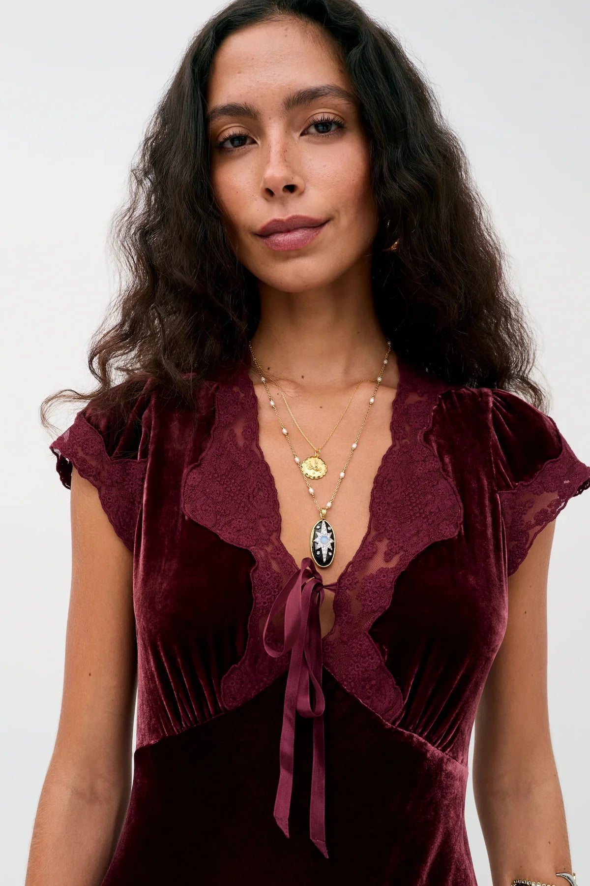 RIXO AMARI SILK VELVET DRESS - Bordeaux