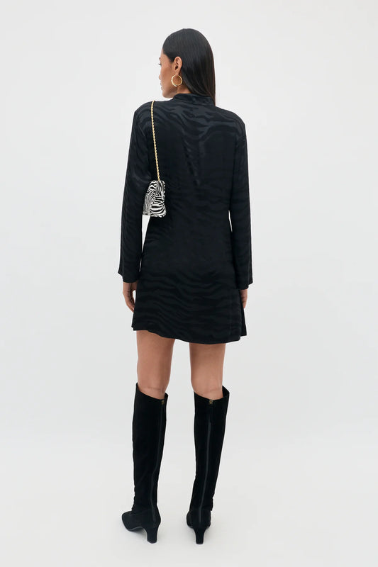 RIXO BROOKLYN JACQUARD MINI DRESS -  Black satin