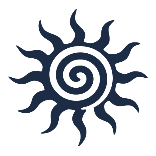 Navy blue sun with a white spiral center on a white background