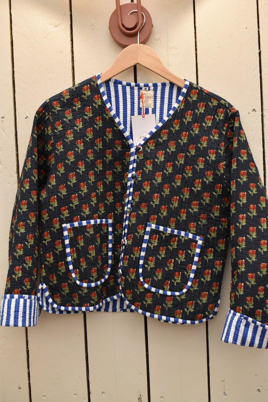 QUILTED JACKET - Blue Cotton Floral / Stripe