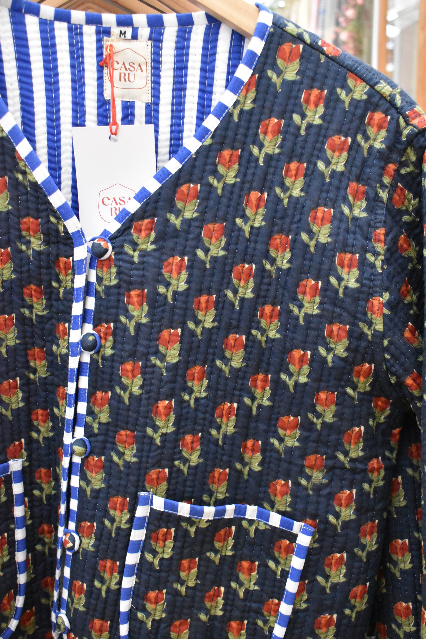 QUILTED JACKET - Blue Cotton Floral / Stripe