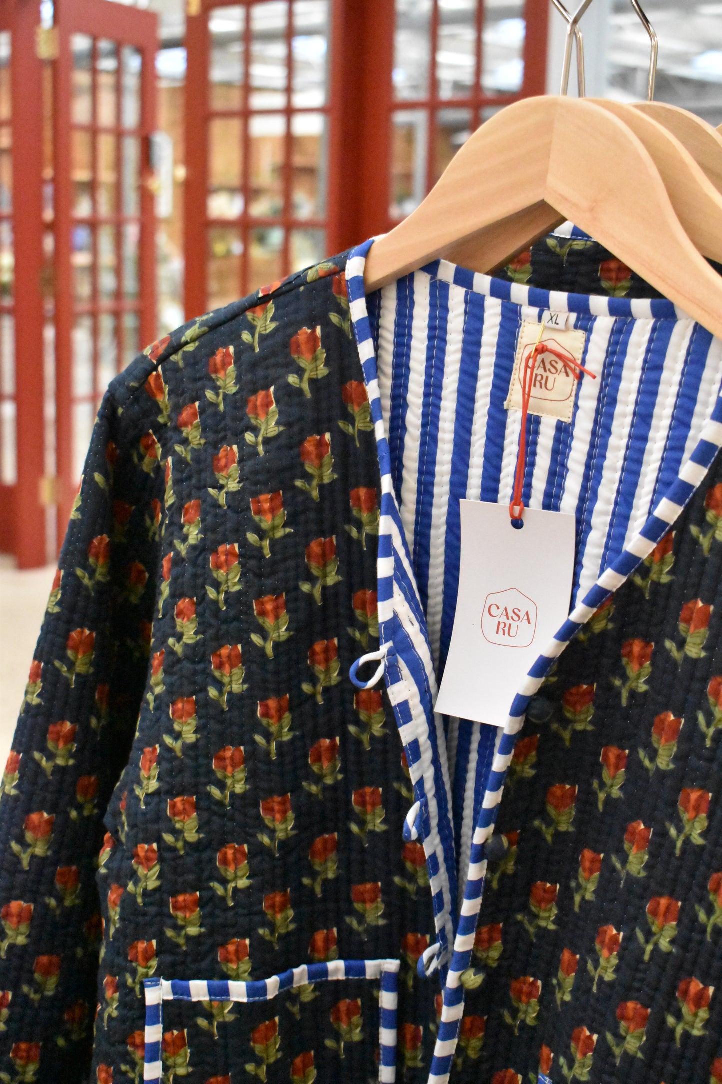 QUILTED JACKET - Blue Cotton Floral / Stripe