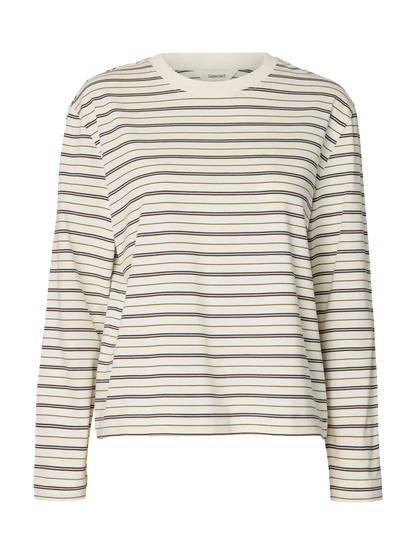 STRIPED BOXY LONG SLEEVE TEE - Brown / Green Stripe