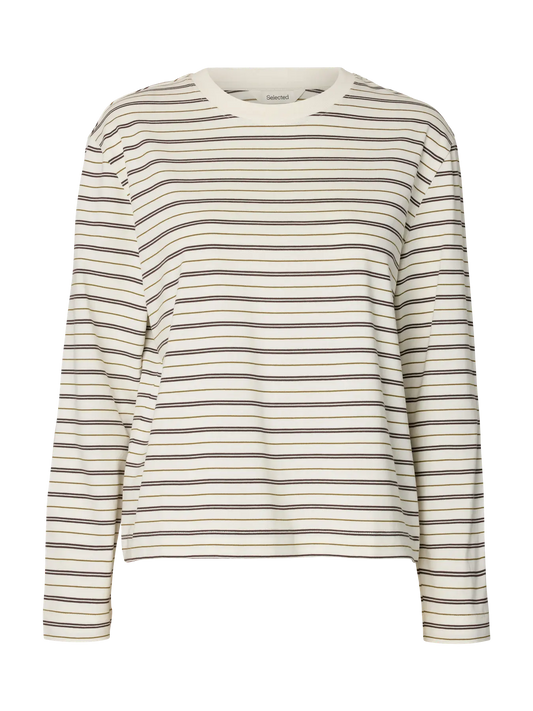 STRIPED BOXY LONG SLEEVE TEE - Brown / Green Stripe