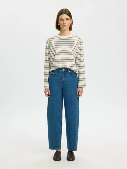 STRIPED BOXY LONG SLEEVE TEE - Brown / Green Stripe