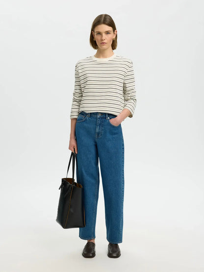 STRIPED BOXY LONG SLEEVE TEE - Brown / Green Stripe