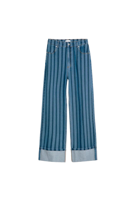 STRIPED WIDE-LEG DENIM TROUSERS