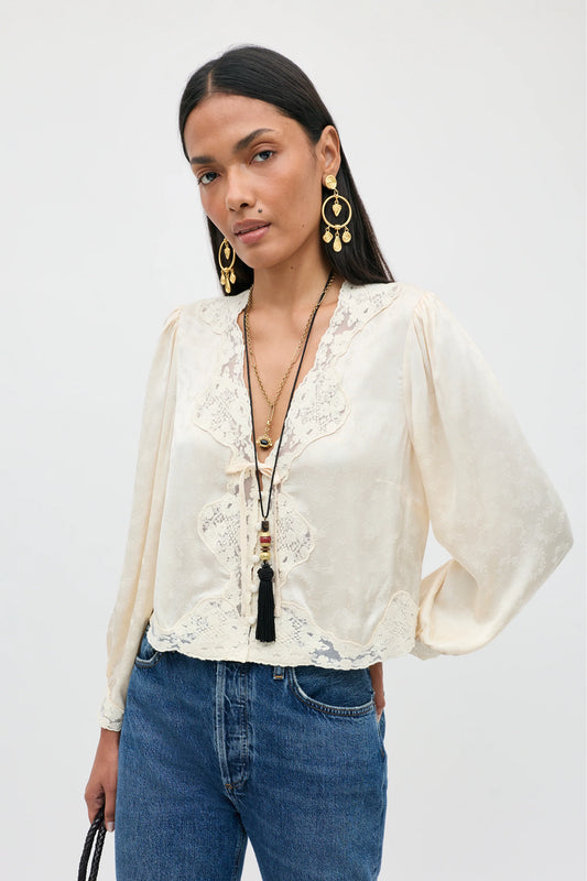 RIXO TOVE SATIN JACQUARD TOP - Floral Champagne