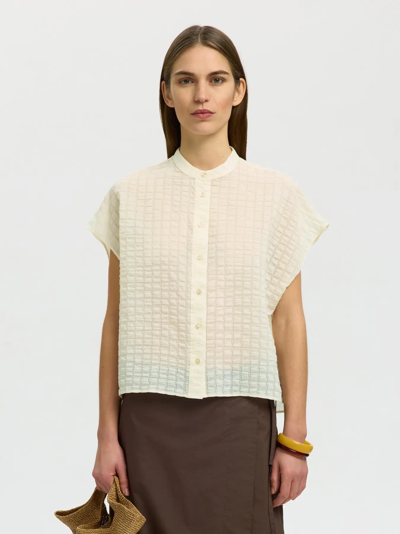 OVERSIZED SLEEVELESS CHECKED SHIRT - Cream