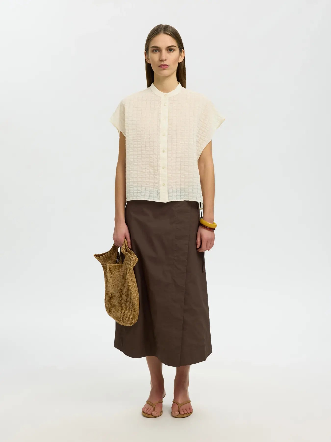 OVERSIZED SLEEVELESS CHECKED SHIRT - Cream