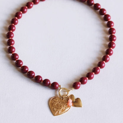 Beaded necklace with Miyukibeads with charms-burgundy/salmon