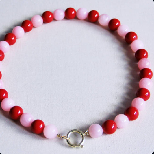 Natural stone bead necklace XL - red/pink