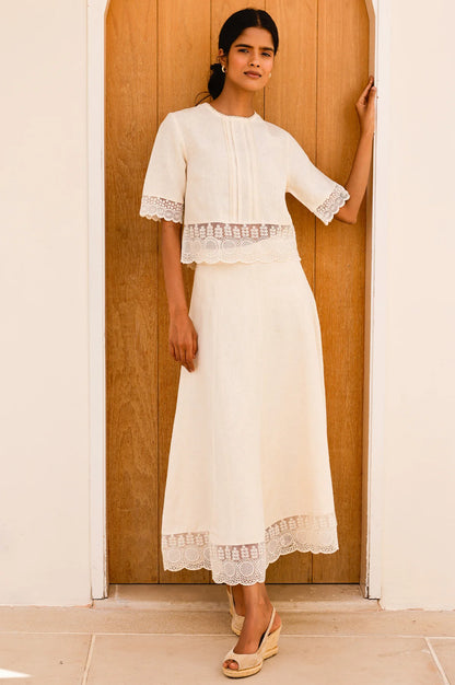 LINEN LACE MIDI SKIRT – Butter Milk Cream