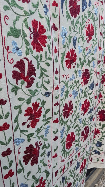 HAND EMBROIDERED SUZANI - Red, Green & Blue Floral