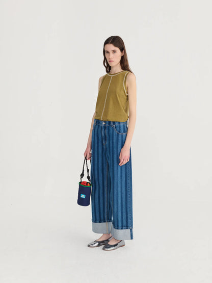 STRIPED WIDE-LEG DENIM TROUSERS