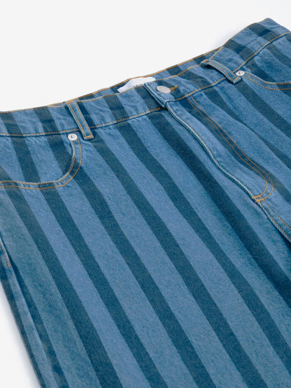 STRIPED WIDE-LEG DENIM TROUSERS