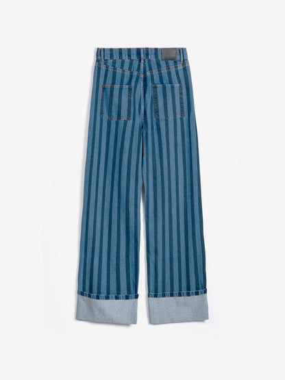 STRIPED WIDE-LEG DENIM TROUSERS